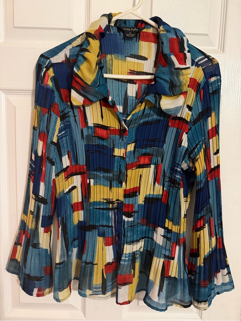 Sunny Taylor Multicolor Abstract Pleated Button-Down Blouse, XL